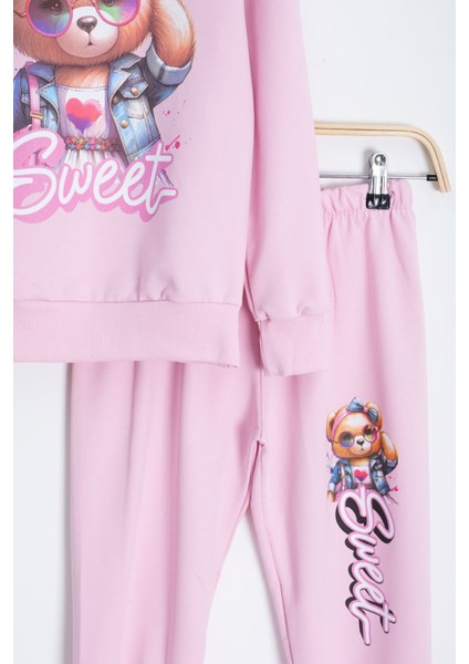 Pembe Ayıcık Baskılı Beli Lastikli Kız Çocuk Eşofman Takımı 22752 modelleri