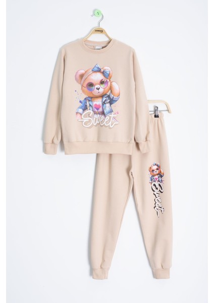 Krem Ayıcık Baskılı Beli Lastikli Kız Çocuk Eşofman Takımı 22753
