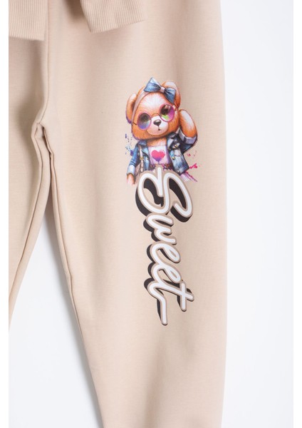 Krem Ayıcık Baskılı Beli Lastikli Kız Çocuk Eşofman Takımı 22753 fırsatları