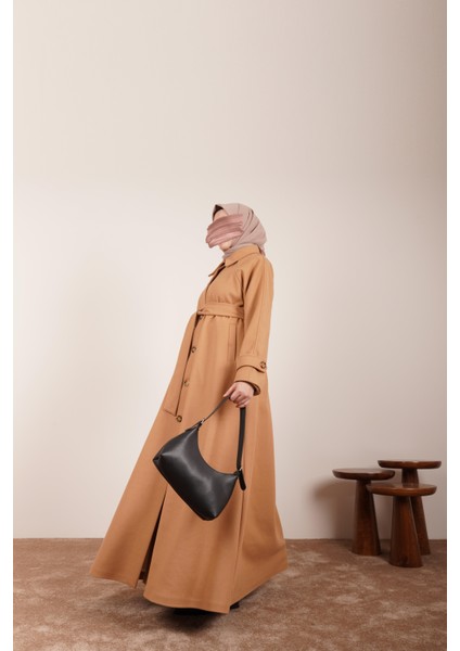 Düğmeli Kloş Kaban - Sütlü kahve