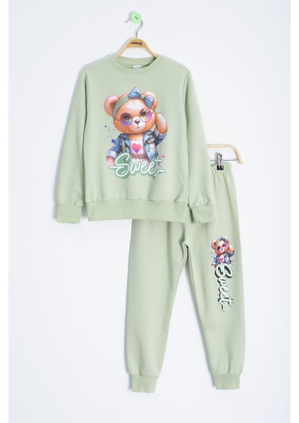 Yeşil Ayıcık Baskılı Beli Lastikli Kız Çocuk Eşofman Takımı 22755