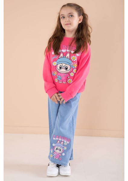 Fuşya Sevimli Karakter Baskılı Jean Pantolonlu Kız Çocuk 2li Takım 22751