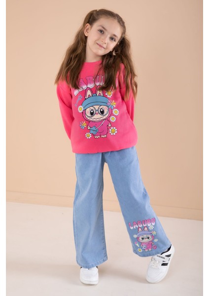 Fuşya Sevimli Karakter Baskılı Jean Pantolonlu Kız Çocuk 2li Takım 22751 fiyatları