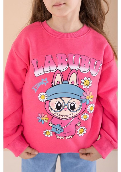 Fuşya Sevimli Karakter Baskılı Jean Pantolonlu Kız Çocuk 2li Takım 22751 modelleri