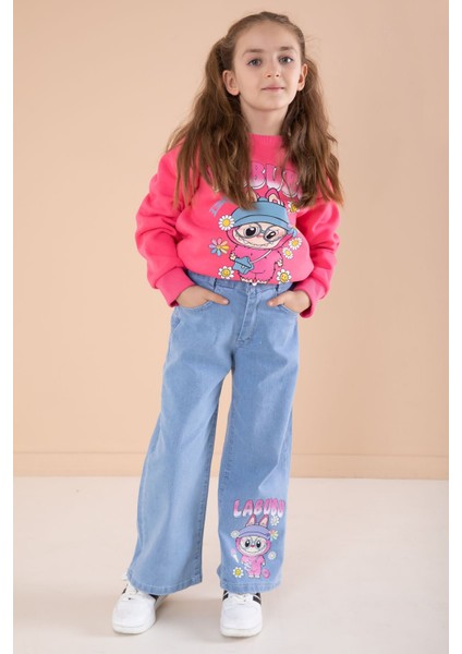Fuşya Sevimli Karakter Baskılı Jean Pantolonlu Kız Çocuk 2li Takım 22751 fırsatları