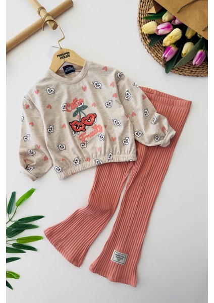 Kiraz Panç Işleme Detaylı Beli Lastikli Kız çocuk takım - Somon