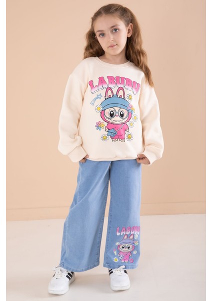 Krem Sevimli Karakter Baskılı Jean Pantolonlu Kız Çocuk 2li Takım 22749