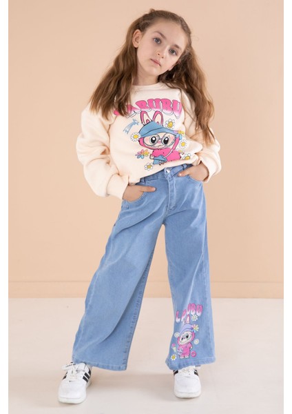 Krem Sevimli Karakter Baskılı Jean Pantolonlu Kız Çocuk 2li Takım 22749 modelleri