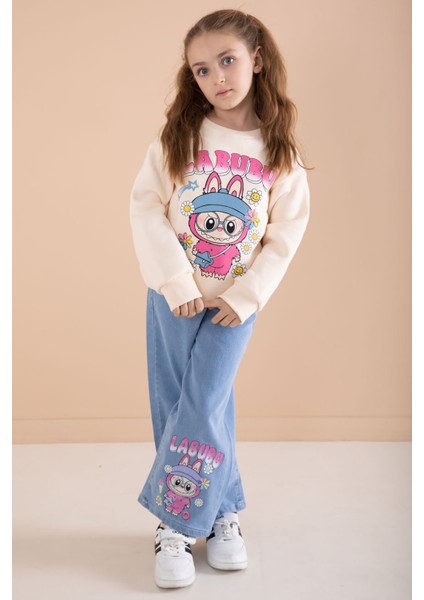 Krem Sevimli Karakter Baskılı Jean Pantolonlu Kız Çocuk 2li Takım 22749 fırsatları