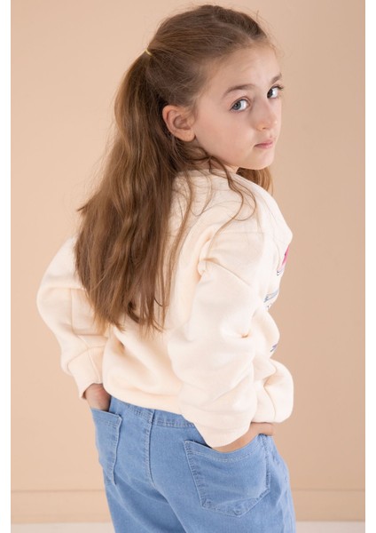 Krem Sevimli Karakter Baskılı Jean Pantolonlu Kız Çocuk 2li Takım 22749 indirimleri