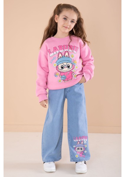 Pembe Sevimli Karakter Baskılı Jean Pantolonlu Kız Çocuk 2li Takım 22748