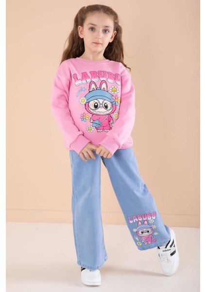 Pembe Sevimli Karakter Baskılı Jean Pantolonlu Kız Çocuk 2li Takım 22748 fiyatları
