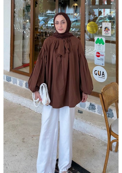 Yaka Fular Detaylı Gömlek Acı Kahverengi