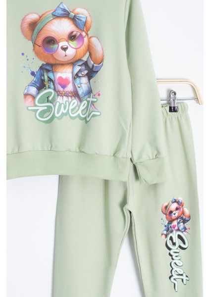 Yeşil Ayıcık Baskılı Beli Lastikli Kız Çocuk Eşofman Takımı 22755 modelleri
