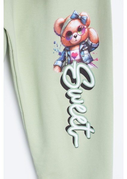 Yeşil Ayıcık Baskılı Beli Lastikli Kız Çocuk Eşofman Takımı 22755 fırsatları