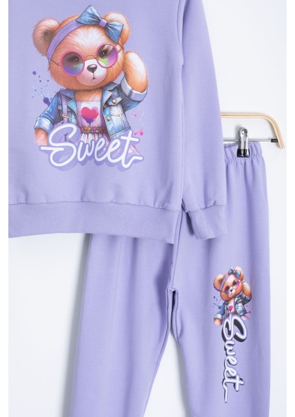 Lila Ayıcık Baskılı Beli Lastikli Kız Çocuk Eşofman Takımı 22754 modelleri