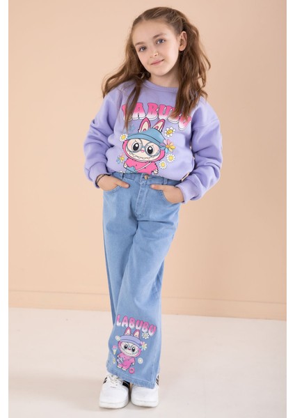 Lila Sevimli Karakter Baskılı Jean Pantolonlu Kız Çocuk 2li Takım 22750