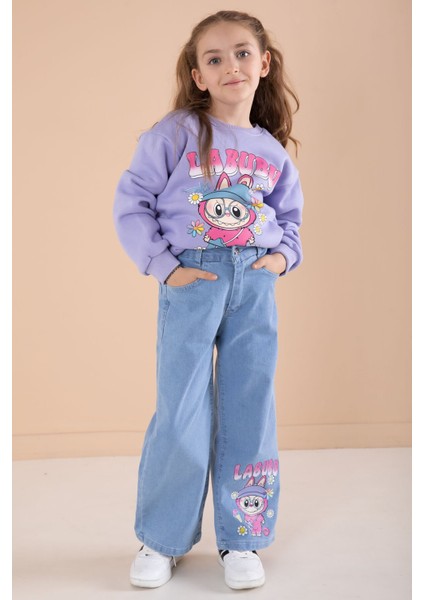 Lila Sevimli Karakter Baskılı Jean Pantolonlu Kız Çocuk 2li Takım 22750 modelleri