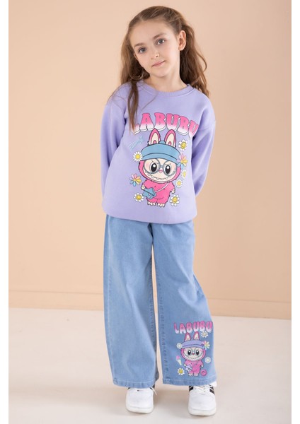 Lila Sevimli Karakter Baskılı Jean Pantolonlu Kız Çocuk 2li Takım 22750 fırsatları