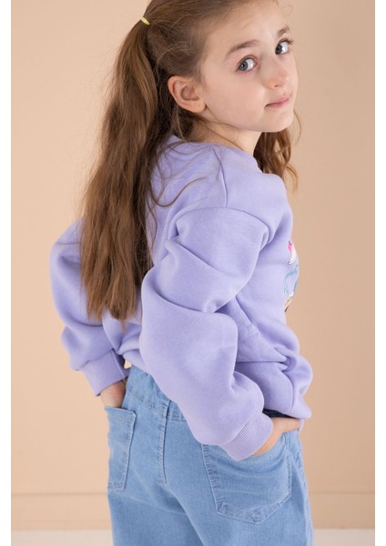 Lila Sevimli Karakter Baskılı Jean Pantolonlu Kız Çocuk 2li Takım 22750 indirimleri