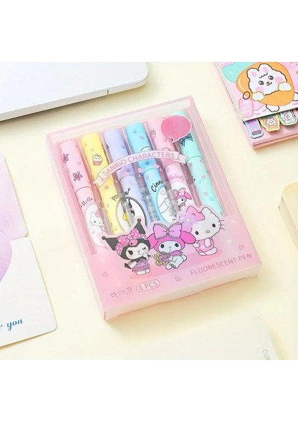 6'lı Fosforlu Kalem Seti - Sanrio Karakterleri, Kuromi, Hello Kitty