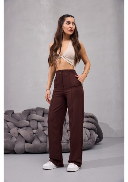 Kadın Yüksek Bel Likralı Geniş Paça Çımalı Rahat Kesim Pantolon indirimleri