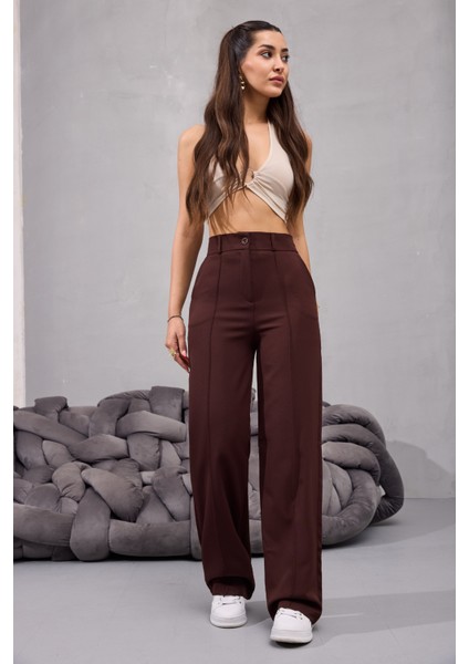Kadın Yüksek Bel Likralı Geniş Paça Çımalı Rahat Kesim Pantolon