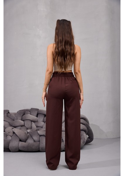 Kadın Yüksek Bel Likralı Geniş Paça Çımalı Rahat Kesim Pantolon