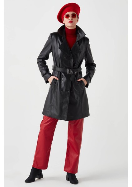Juliet Hakiki Deri Kadın Trenckot Siyah