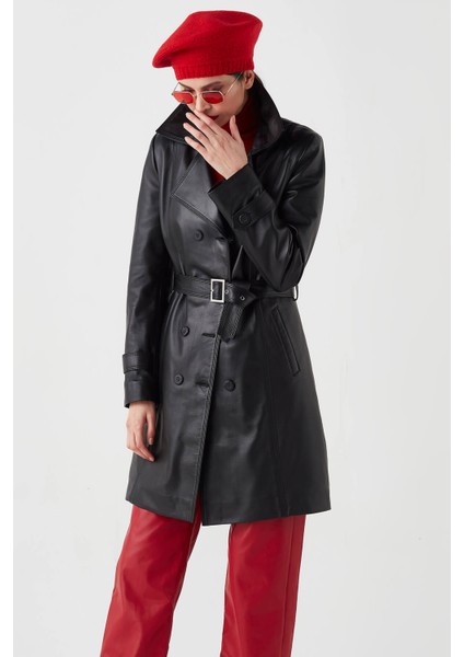 Juliet Hakiki Deri Kadın Trenckot Siyah fiyatları