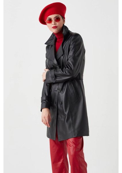 Juliet Hakiki Deri Kadın Trenckot Siyah modelleri