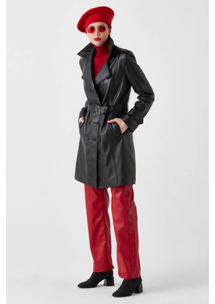 Juliet Hakiki Deri Kadın Trenckot Siyah fırsatları