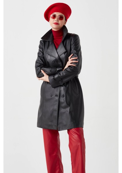 Juliet Hakiki Deri Kadın Trenckot Siyah