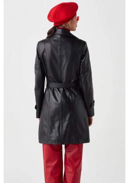 Juliet Hakiki Deri Kadın Trenckot Siyah