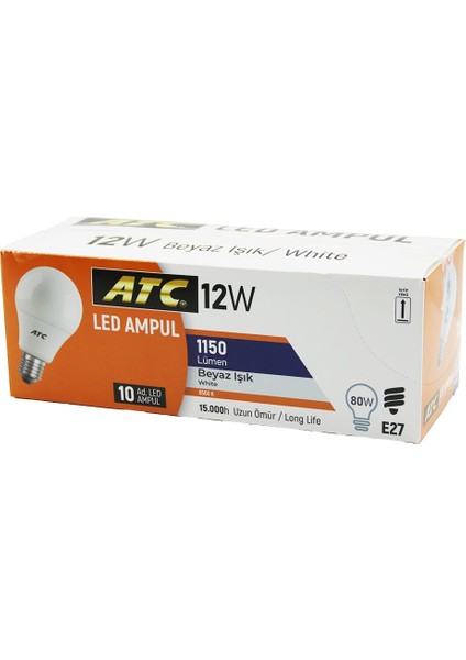 10 Adet Atc 12W=80W E27 BEYAZ=6500K LED Ampul Lamba 1150 Lümen 15.000 Saat Ömür (4172)