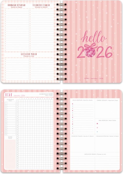 2026 Yılı A5 Haftalık Ajanda Spiralli 15X21 cm - 12 Aylık - Motivasyon Sayfalı modelleri