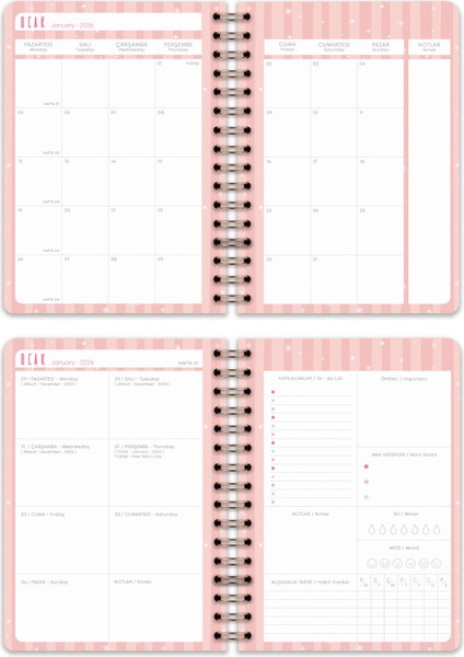 2026 Yılı A5 Haftalık Ajanda Spiralli 15X21 cm - 12 Aylık - Motivasyon Sayfalı fırsatları