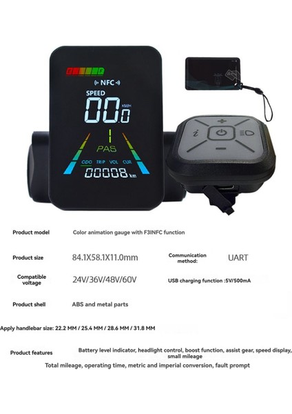 F3 E-Bike Nfc LCD Ekran Animasyonlu Renk Metresi 24V/36V/48V/60V Uart Elektrik Scooter Nfc LCD Metre Hız Gösterimi 5pin (Yurt Dışından) modelleri
