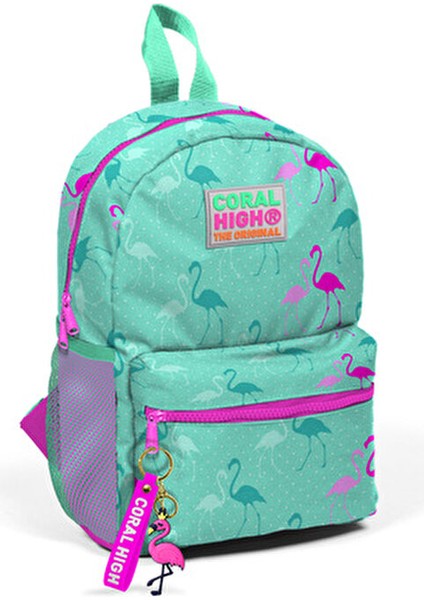 Coral Anaokulu Çantası Su Yeşili Flamingo Desenli İki Bölmeli 10 cm Derinlik 22 cm Genişlik 33 cm Yükseklik