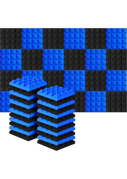 24PCS 25X25X5CM Studio Akustik Ses Geçirmez Köpük Piramit Yalıtım Ses Emme Panelleri Siyah+Mavi (Yurt Dışından)