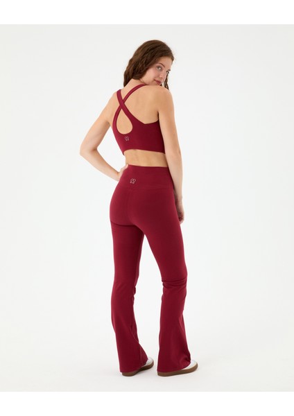 Kadın Bordo Koyu Kırmızı Flare Tayt - Yüksek Bel, Dize Kadar Oturan İspanyol Paça Tayt, Spor ve Günlük Kullanım fiyatları