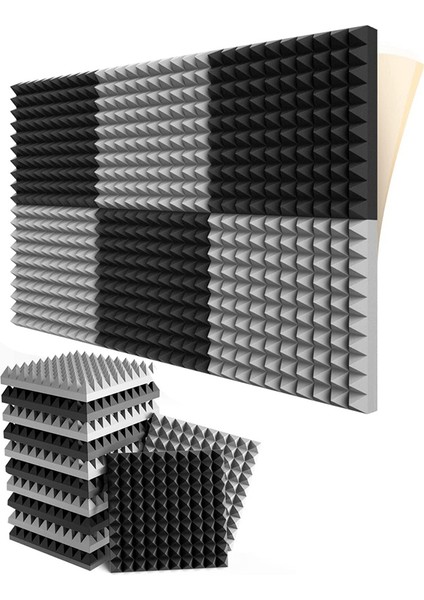 12 Paket Kendinden Yapışkan Ses Geçirmez Köpük Panelleri 2X12X12 Inç Piramit Tasarım Akustik Köpük, Ev Stüdyosu, Siyah + Gri (Yurt Dışından)