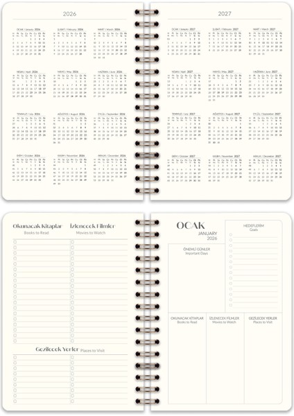 2026 Yılı A5 Keten Ajanda Spiralli 15X21 cm - 12 Aylık Bordo modelleri
