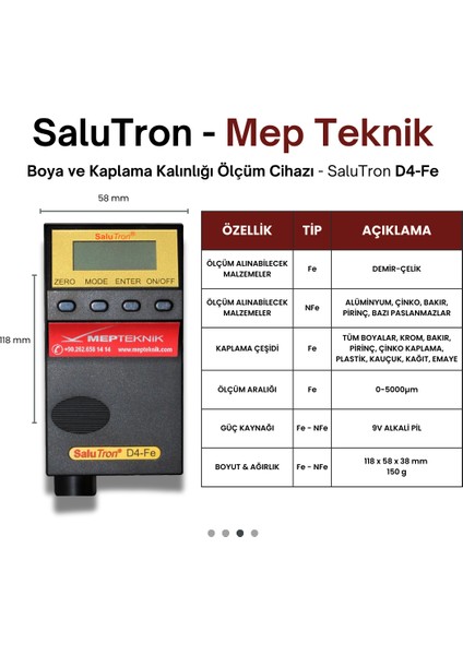 Boya Ölçer| Ölçüm Cihazı | Boya Kaplama Kalınlık Ölçüm Cihazı | Salutron D4 | Dijital | Fe/NFe Uyumlu | Sabit Prob | 0–5000μm | Endüstriyel Metal Yüzey Ölçer modelleri