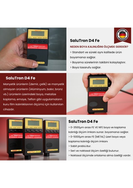 Boya Ölçer| Ölçüm Cihazı | Boya Kaplama Kalınlık Ölçüm Cihazı | Salutron D4 | Dijital | Fe/NFe Uyumlu | Sabit Prob | 0–5000μm | Endüstriyel Metal Yüzey Ölçer fırsatları