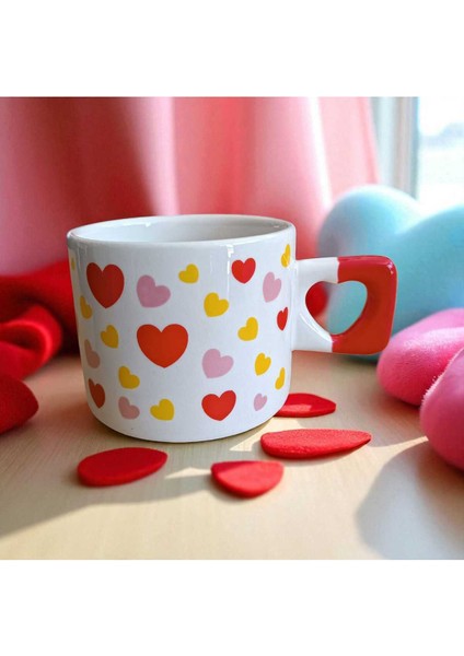 Tatlı Kalpler Desenli Kalp Kulplu El Yapımı Doğal Seramik Mug Kupa Çay Cappuccino Fincanı modelleri