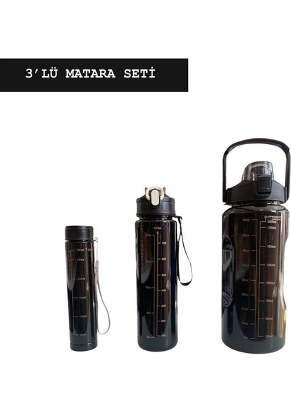 Siyah, 3’lü Set - Sticker’lı Pipetli Matara Seti - 2000ML,900ML,300ML