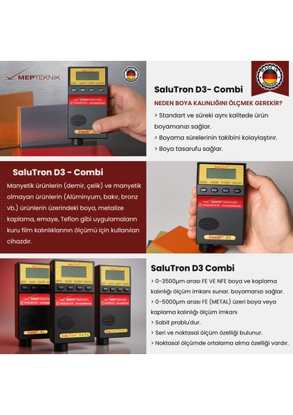 Boya Ölçüm Cihazı | Boya Kalınlık Ölçüm Cihazı | Kaplama Kalınlık Ölçer | Dijital Ölçüm Aleti | Salutron D3 Combi | Fe/NFe | 0–3500µm | Sabit Prob | Metal Yüzeyler
