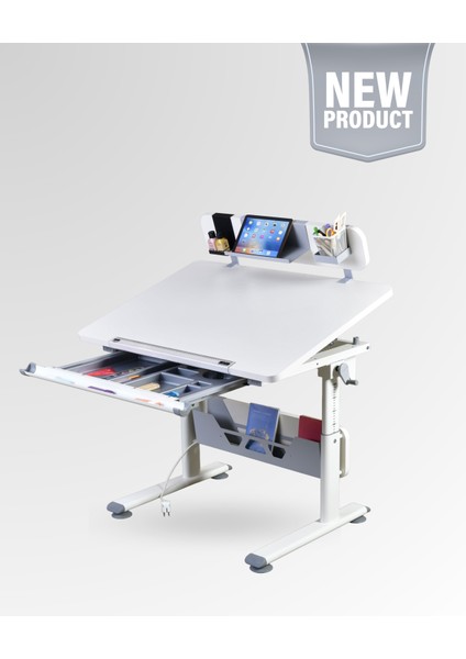 Mini Standart Çekmeceli Çalışma Masası, Yükseklik Ayarlı Çalışma Masası, Kız-Erkek Çocuk Ekru Ders Çalışma Masası