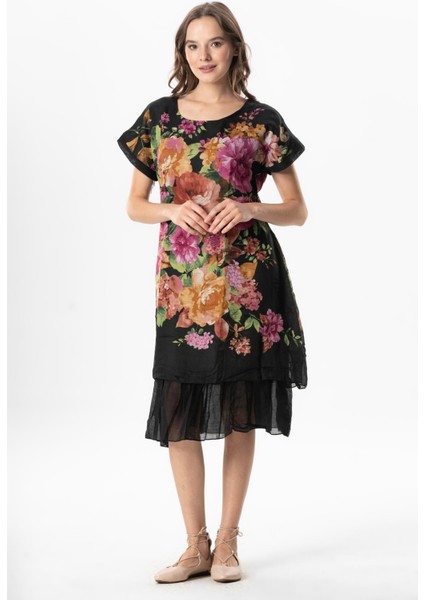 Kısa Kol Vual Defne Midi Boy Yazlık Otantik Elbise Bordo Siyah Pötikare 6190